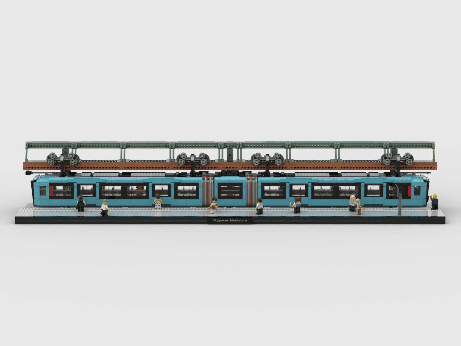 Seitenansicht des gesamten Schwebebahn Klemmbaustein Modells