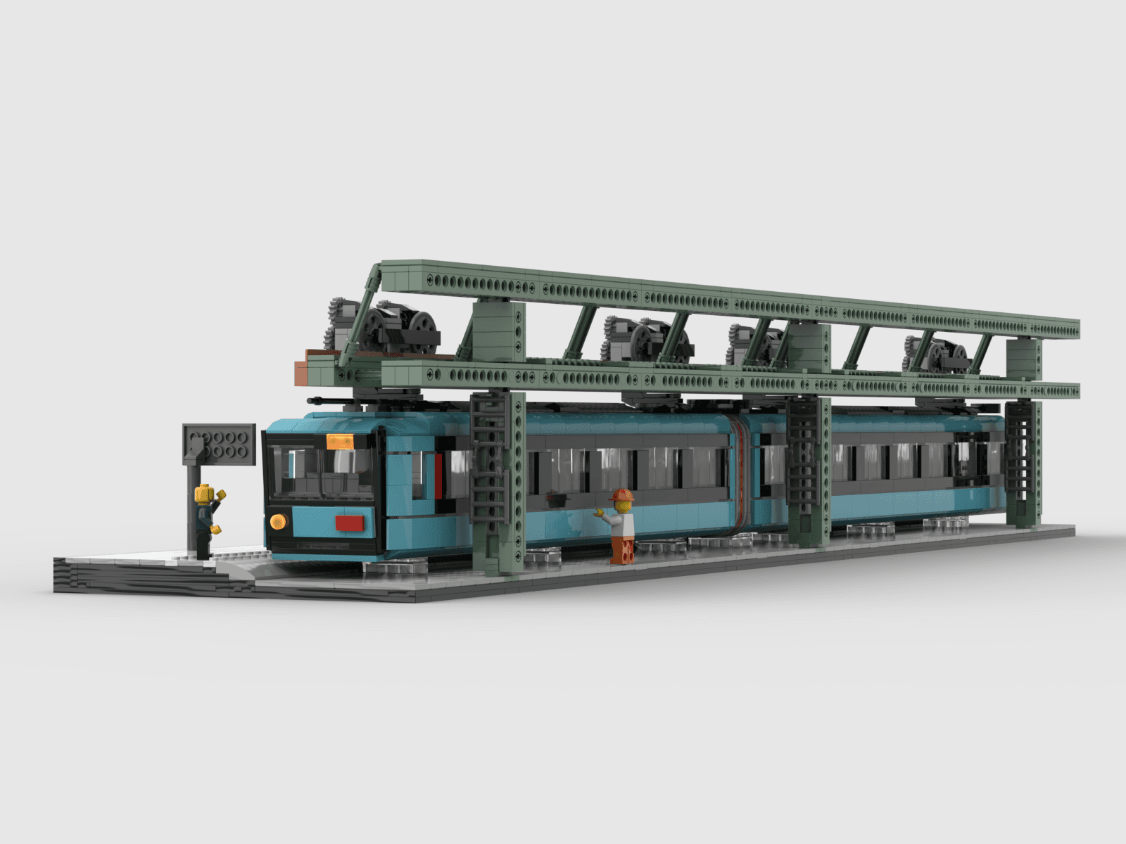 Weite Aufnahme des Schwebebahnmodells mit Bahnsteig und Aufhängung
